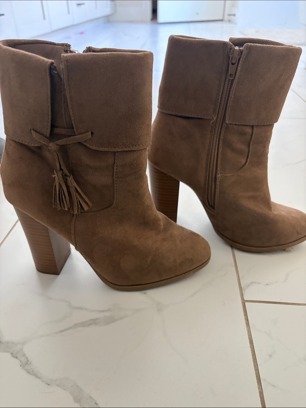 Chunky Heel Fold-Over Tassel Ankle Boots - Brown